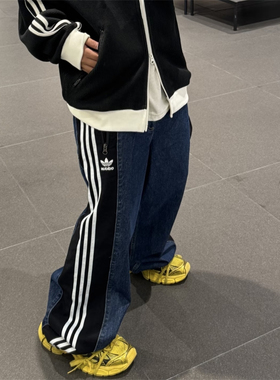 25新款adidas阿迪达斯三叶草男子牛仔裤拼接撞色运动长裤KC2636