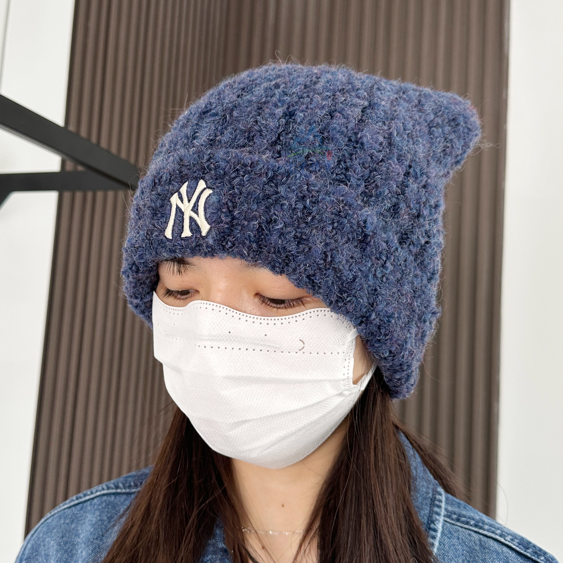 25秋冬新款MLB毛线帽男女NY刺绣猫耳帽针织保暖绒线冷帽3ABNB1156