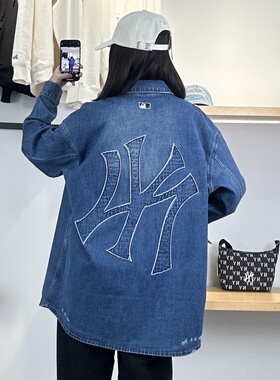 25新款MLB情侣外套男女NY复古做旧丹宁牛仔衬衫运动夹克3ADRB0351