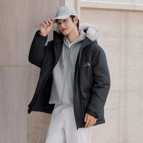 阿迪达斯男女保暖毛领工装羽绒服