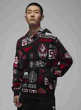 25春季新款Jordan耐克乔丹男子印花加绒保暖套头连帽衫卫衣HM7255