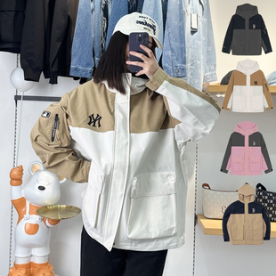 25新款MLB冲锋衣外套男女NY拼接撞色工装休闲运动夹克3AWJB0551