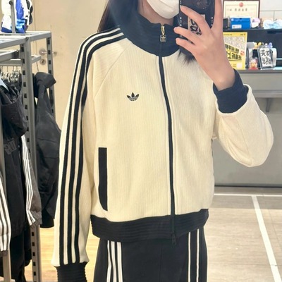 阿迪达斯三叶草蓝白丝绒立领外套