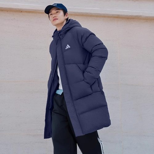 阿迪达斯男女长款保暖连帽羽绒服