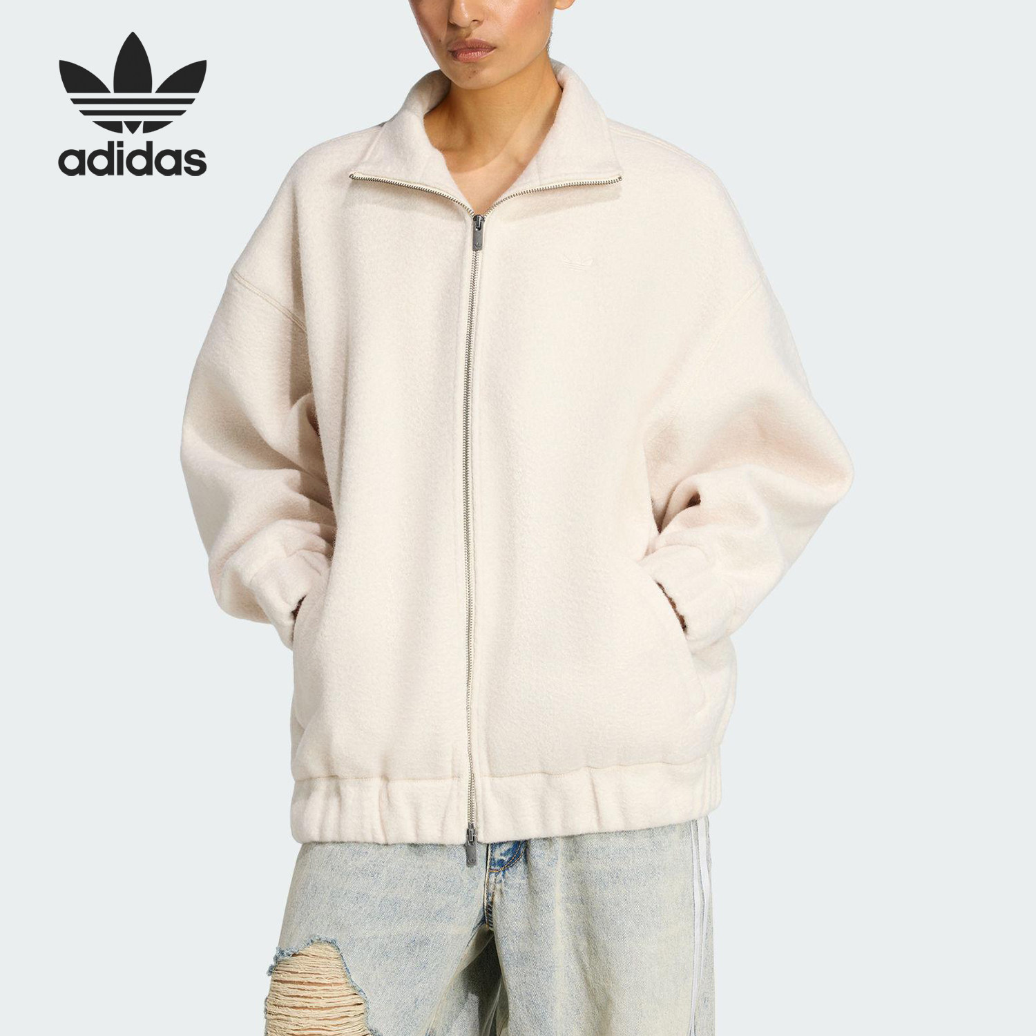25新款Adidas阿迪达斯三叶草女士立领运动宽松抓绒夹克外套KF2316
