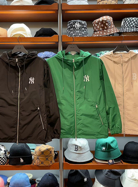 MLB情侣外套男女NY字母印花拉链连帽宽松休闲运动夹克3AWJB0731