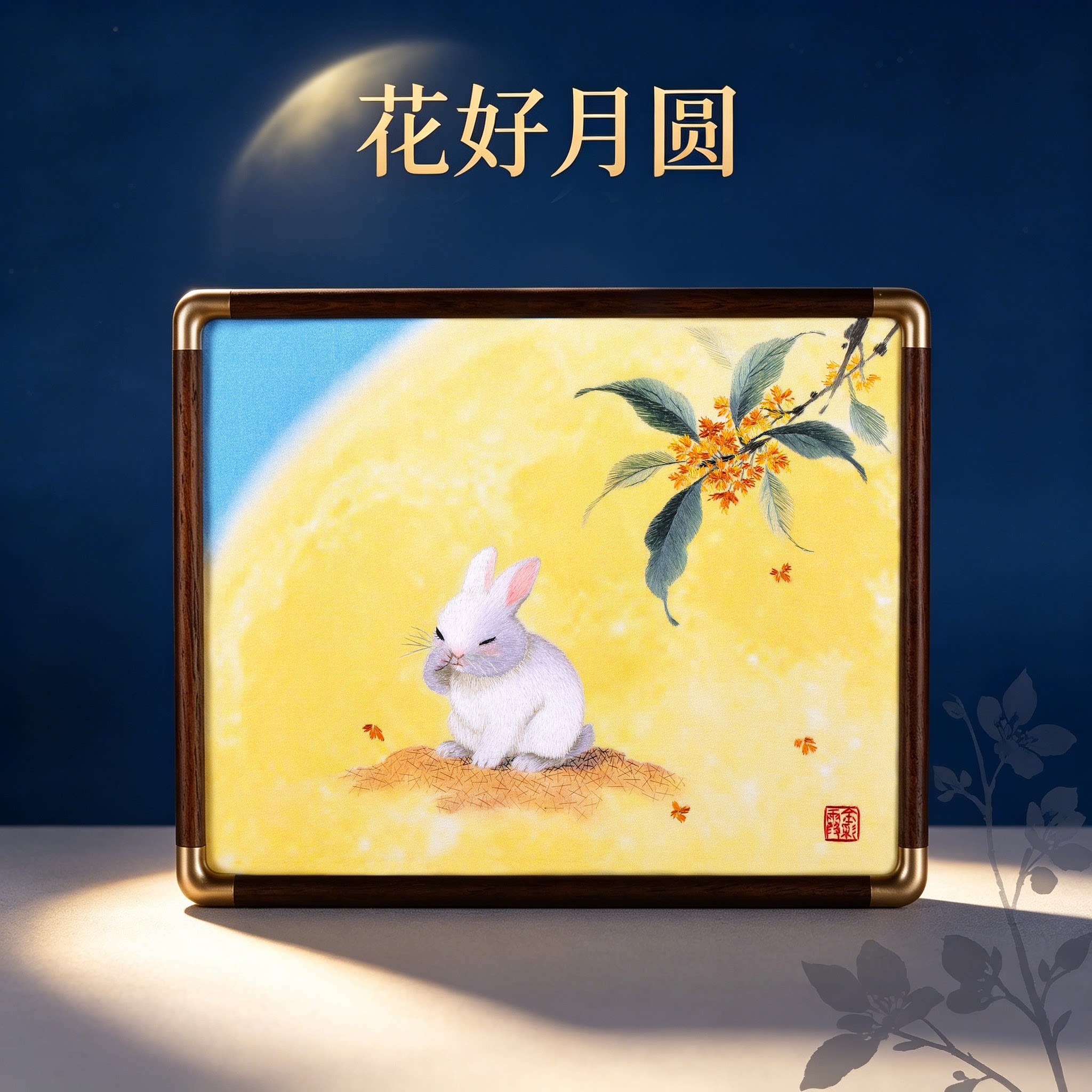 非遗湘绣手工刺绣 瑞兔撷桂花好月圆 中秋节礼物玉兔桌面摆件