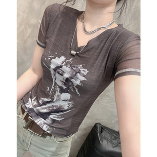 弹力百搭半袖 欧洲站夏新款 印花修身 网纱蕾丝V领短袖 上衣 T恤女时尚
