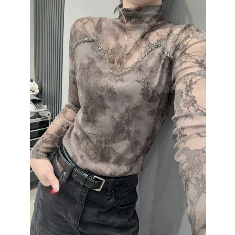 印花高领长袖T恤女蕾丝打底小衫