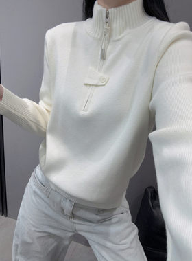 拉链半开领针织衫长袖女毛衣外套