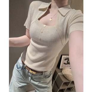 不规则方领短袖女冰丝针织衫高级感洋气百搭紧身翻领上衣小衫夏装