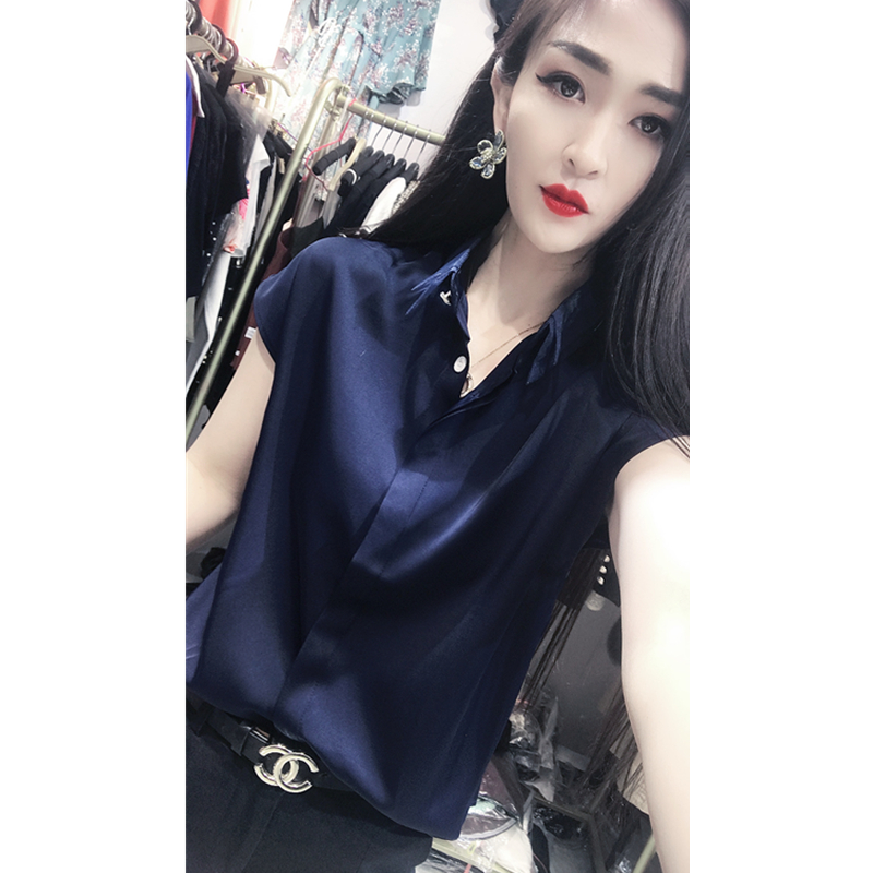 宽松欧洲站单排扣短袖缎面衬衫女