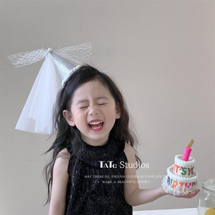 银色生日帽头纱头饰儿童公主生日仪式感皇冠披纱发箍发饰拍照道具