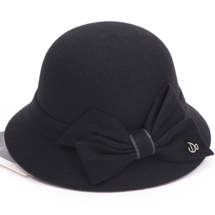 皮卡罗秋冬季女士优雅蝴蝶结羊毛呢帽子时尚渔夫帽女英伦复古盆帽