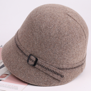 韩版百搭中老年圆顶盆帽日系复古秋冬澳洲羊毛呢渔夫帽女皮卡罗
