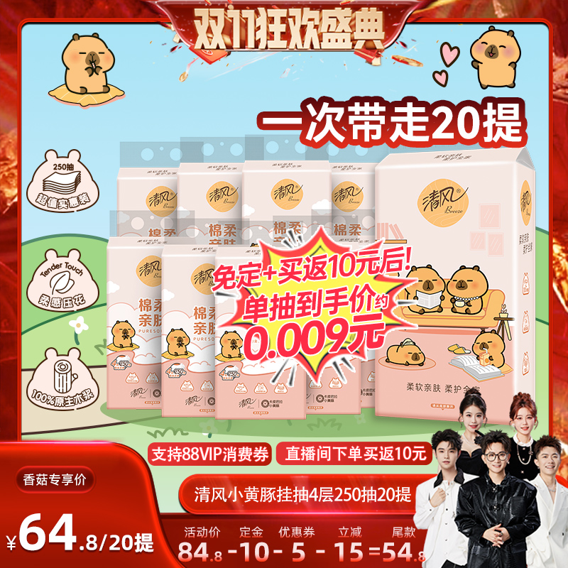 【先加购！15号付定】清风棉柔系列卡皮巴拉悬挂抽纸4层250抽20提