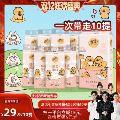 【香菇双12】清风棉柔系列卡皮巴拉悬挂抽纸4层250抽10提