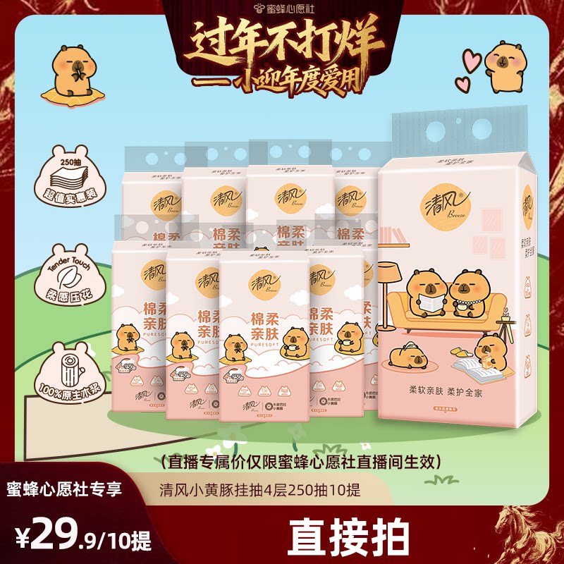 【小迎年度爱用】清风卡皮巴拉悬挂式抽纸4层250抽10提家用餐巾纸