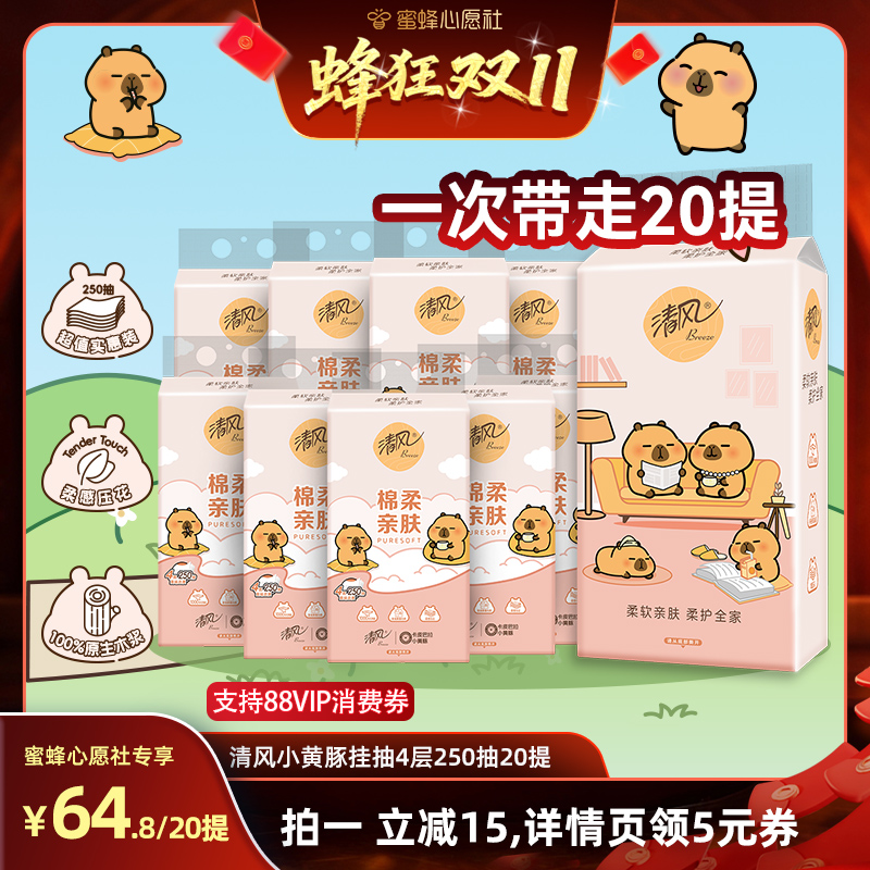 【付尾款截止24日24点】清风棉柔系列卡皮巴拉挂抽4层250抽20提