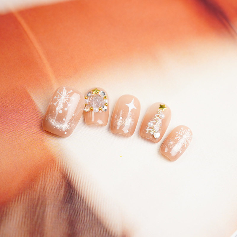 手工穿戴甲圣诞手绘猫眼雪花贴钻绿色穿戴美甲成品假指甲贴片短款