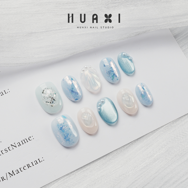 手工穿戴甲日式短椭圆手绘蓝色猫眼夏季海边旅游穿戴美甲指甲贴