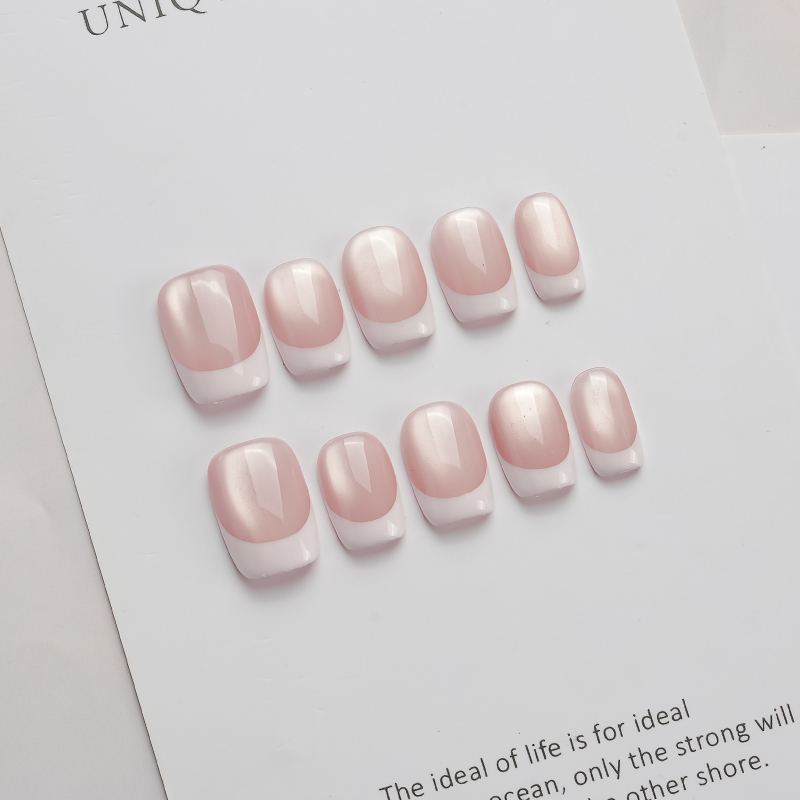 手工穿戴甲裸粉色法式猫眼手绘简约短甲穿戴式美甲成品指甲贴短款