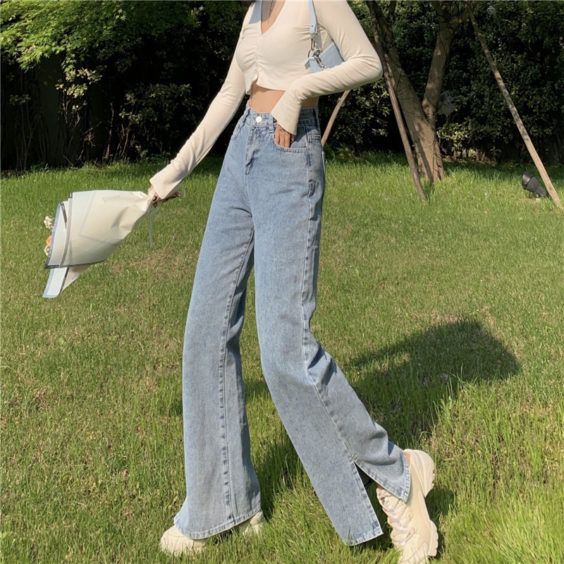 Real price and elegant Retro High Waist slit design Wide Leg Jeans summer loose floor pants