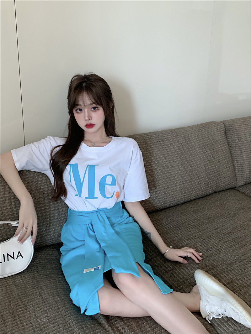 Real price summer fashion simple letter print short sleeve T-shirt + GA high waist strap irregular skirt two sets