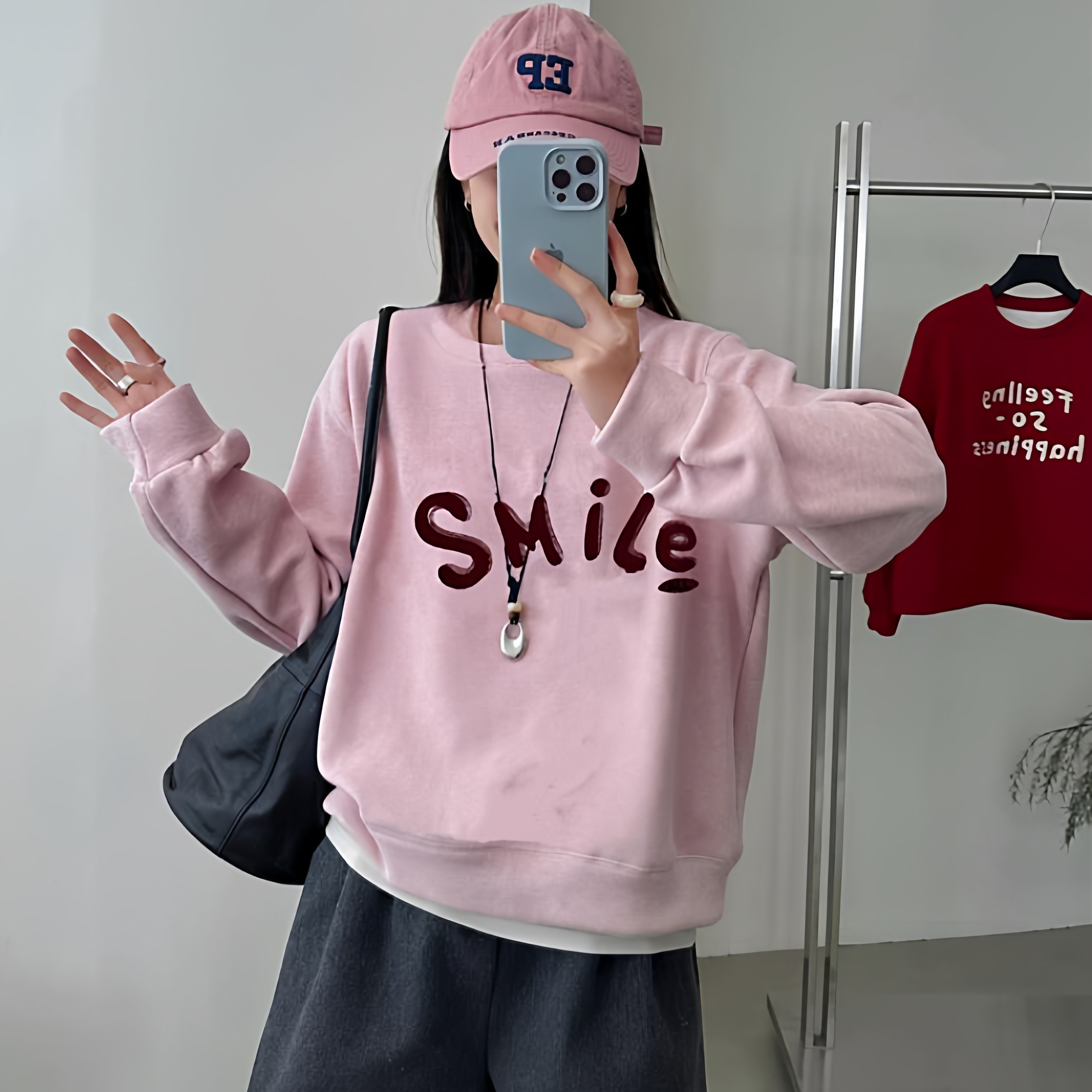 圆领字母刺绣卫衣加绒加厚女冬季韩版大码宽松无帽长袖奥粒绒上衣