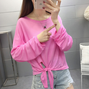 纯色长袖t恤女宽松韩版慵懒风春夏下摆打结圆领大码上衣防晒衫薄T