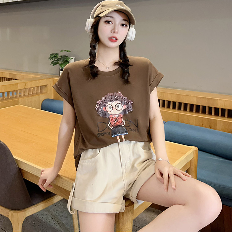 夏季圆领女士宽松大版t恤大码胖mm宽松蕾丝拼接露背卡通减龄上衣T
