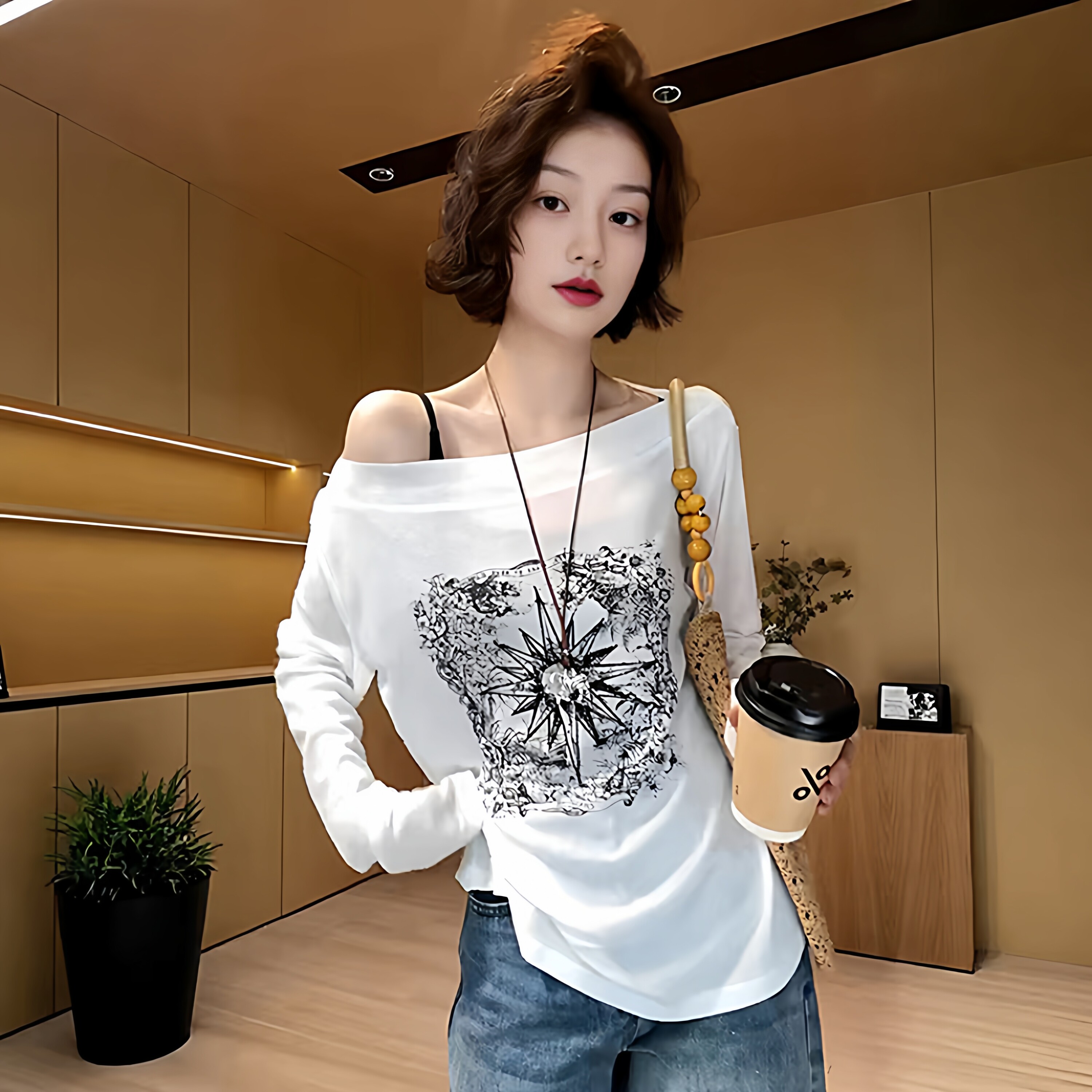 白色t恤女长袖宽松夏季印花烫钻一字领薄款露肩斜肩上衣防晒罩衫