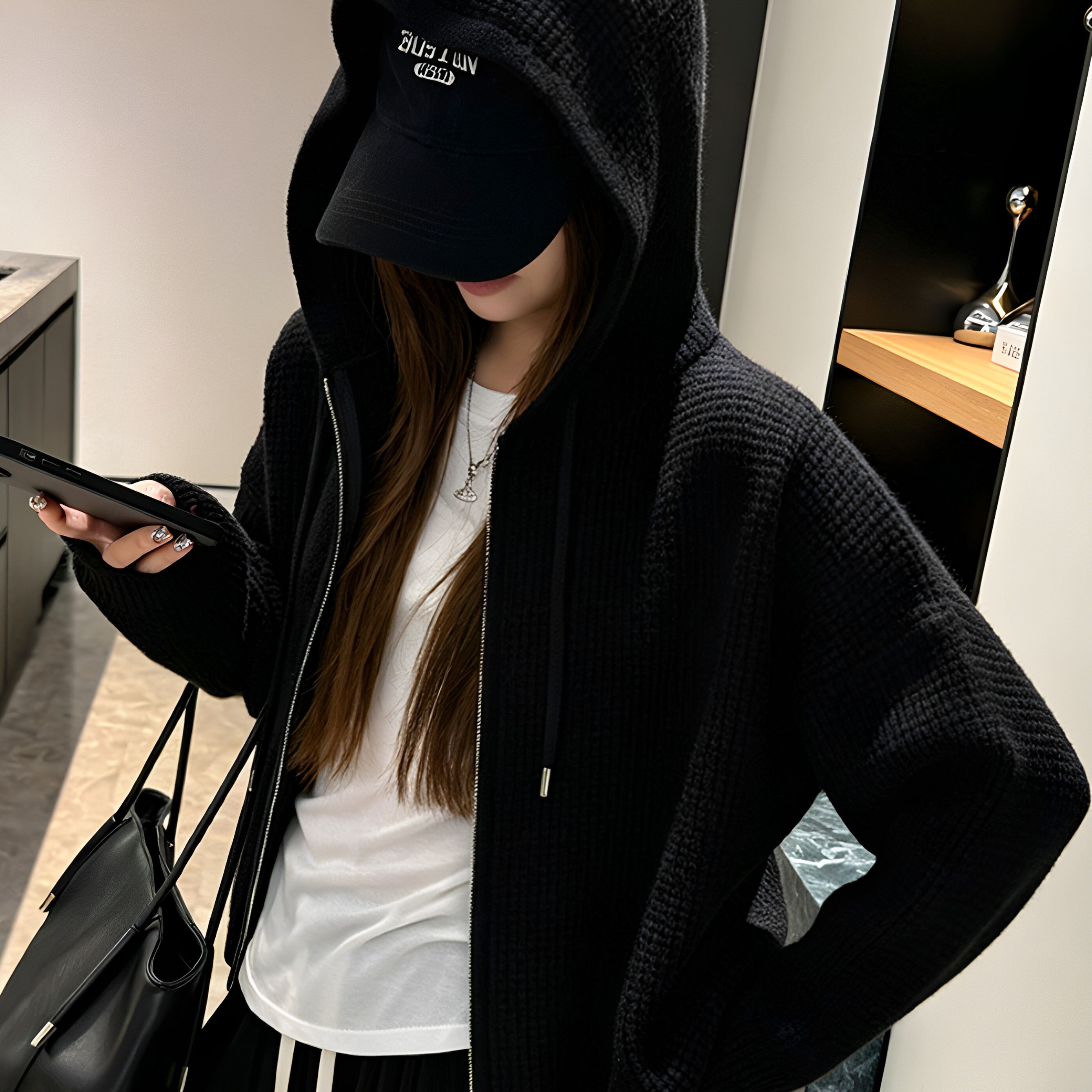 黑色连帽拉链大码宽松卫衣女外套