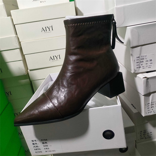 实体店女鞋2025冬季加绒保暖粗跟短靴时装靴瘦瘦靴梦九十9156