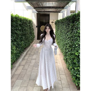 蕾丝提花a字长裙纯欲风海边度假沙滩裙吊带连衣裙女夏季 白色法式