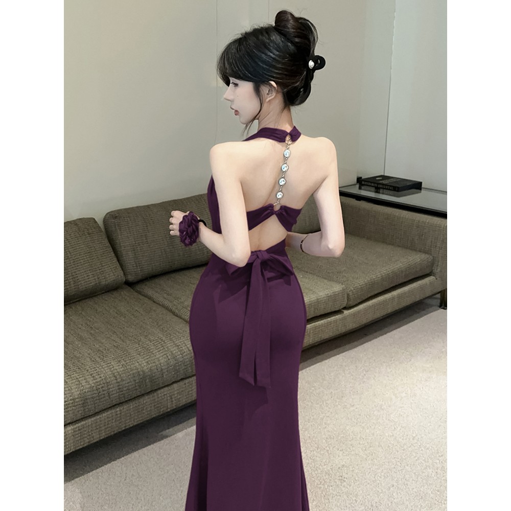 风情万种链条挂脖吊带鱼尾裙女装夏季纯欲气质名媛收腰紫色连衣裙