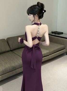 风情万种链条挂脖吊带鱼尾裙女装夏季纯欲气质名媛收腰紫色连衣裙