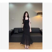 法式高级感白色拼接吊带连衣裙夏季轻奢气质修身长裙晚宴礼服裙女