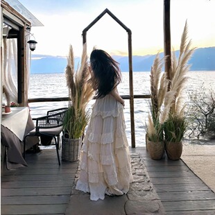 泰兰德棉麻 蛋糕裙V领收腰显瘦露背吊带南法挂脖连衣裙