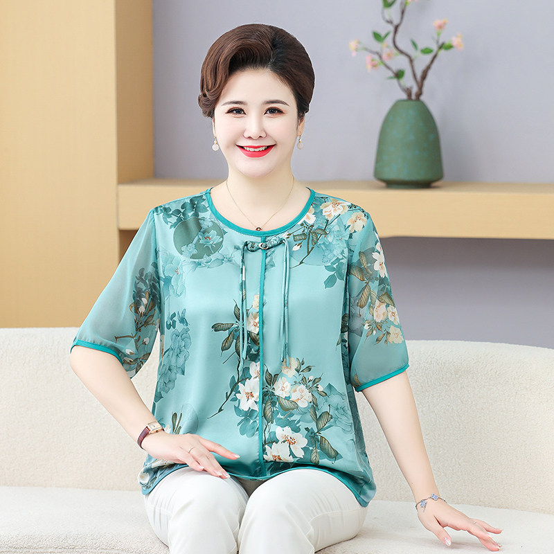 新中式中老年印花真丝上衣女200斤洋气胖妈妈桑蚕丝T恤2件套装夏