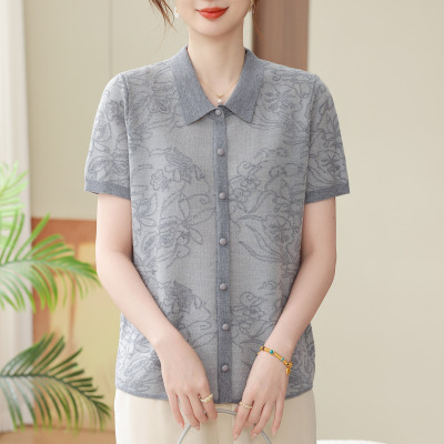 高档洋气妈妈翻领提花桑蚕丝T恤夏特大码女装中老年冰丝短袖上衣
