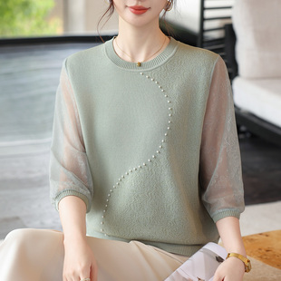 钉珠T恤女中年妈妈洋气薄款 加肥加大码 春装 纱袖 桑蚕丝上衣 针织衫