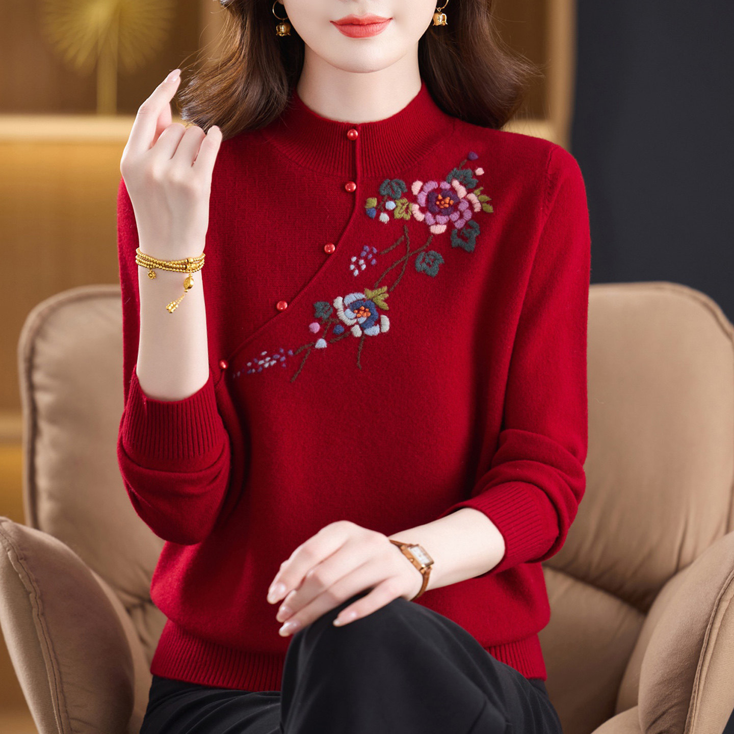 秋冬中老年妈妈刺绣100%羊绒衫女加肥加大码高贵半高领羊毛打底衫,女装/女士精品,中老年女装,淘宝优惠券,粉丝福利购,淘宝优惠卷