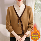 羊毛加绒打底衫 加肥加大码 中年妈妈假两件国风毛衣女一体绒新中式