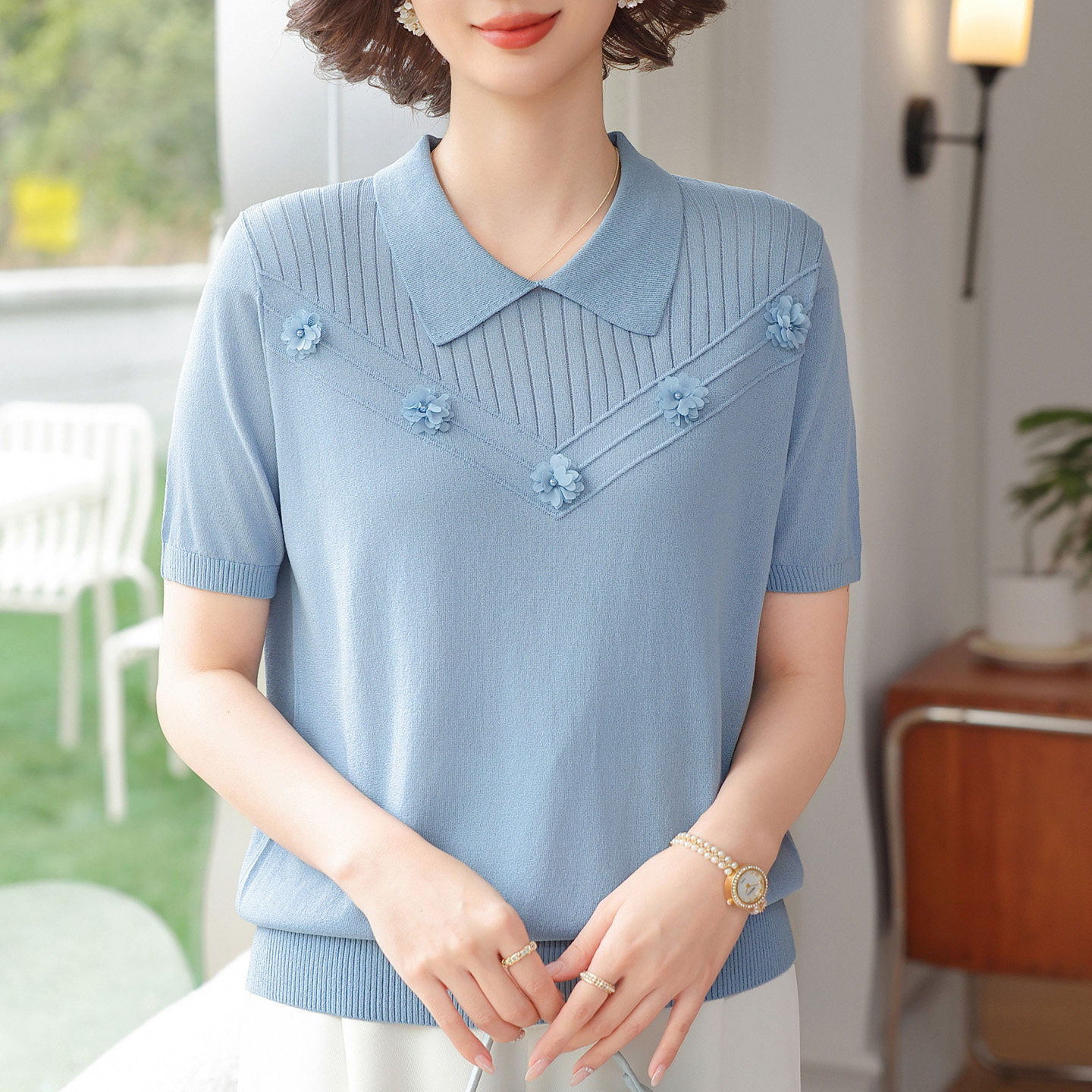 洋气妈妈翻领冰丝针织衫夏中老年加肥加大码桑蚕丝T恤女宽松上衣