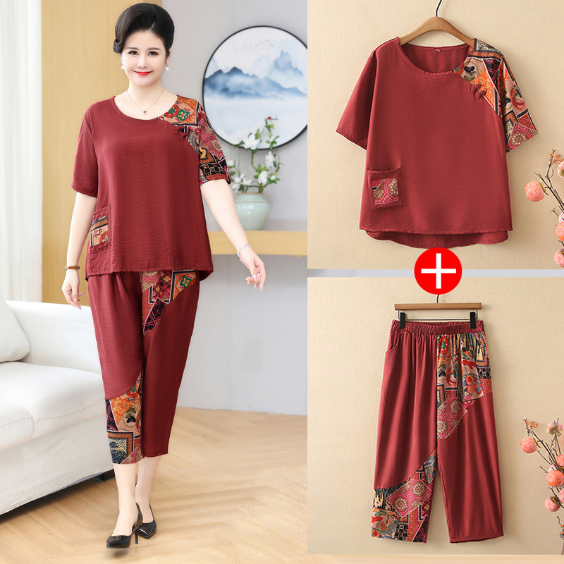 妈妈夏季棉麻套装新中式印花2件套中老年宽松特大码女装短袖上衣
