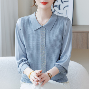 洋气中年妈妈春秋薄款针织T恤加肥加大码女装宽松翻领桑蚕丝上衣