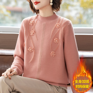 加肥加大码中年妈妈半高领针织衫女一体绒毛衣冬立体花朵保暖上衣
