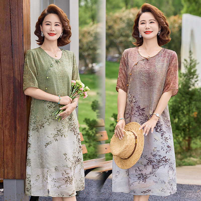 新中式妈妈真丝连衣裙夏中老年宽松印花过膝桑蚕丝裙子加肥加大码