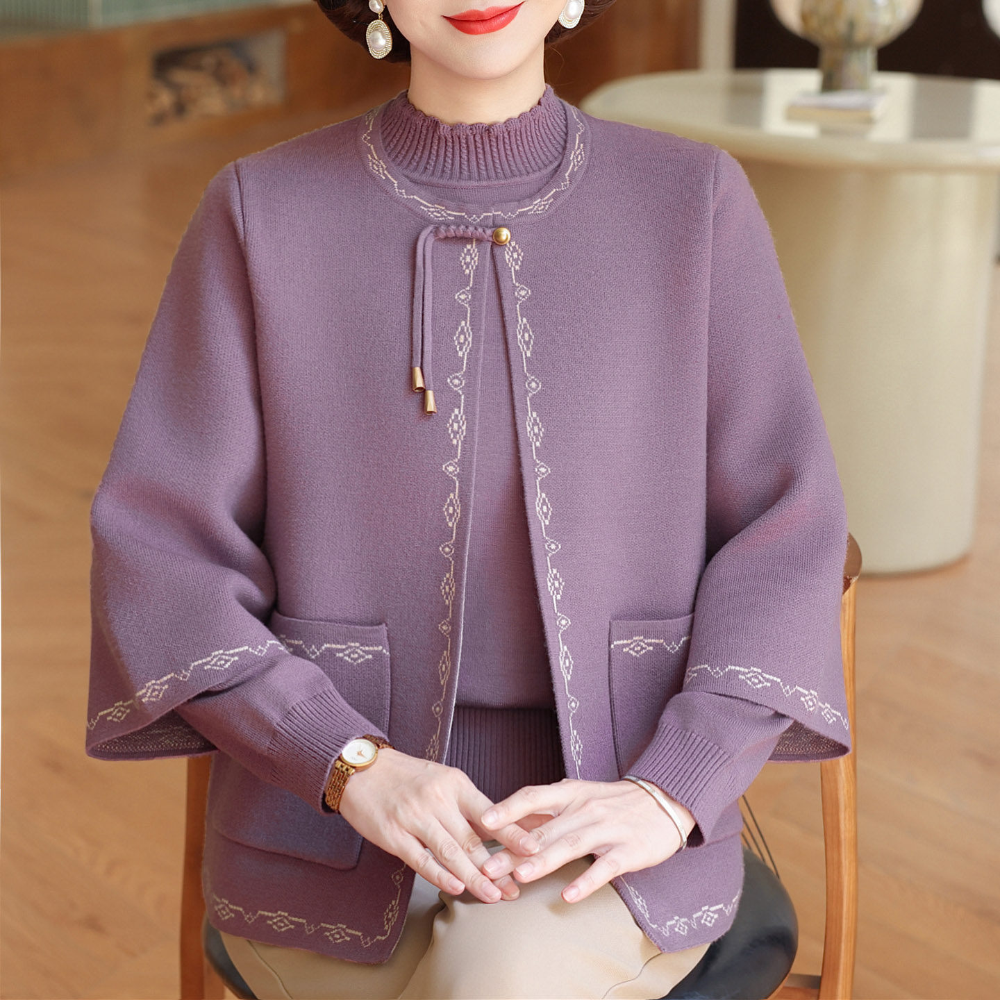 新中式妈妈装针织开衫两件套加肥加大码中老年女洋气高贵毛衣外套